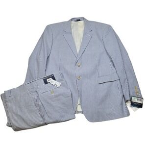 Nautica Seersucker Suit Mens 46R 46 2 Piece Pants 38x32 Blue White Cotton NEW